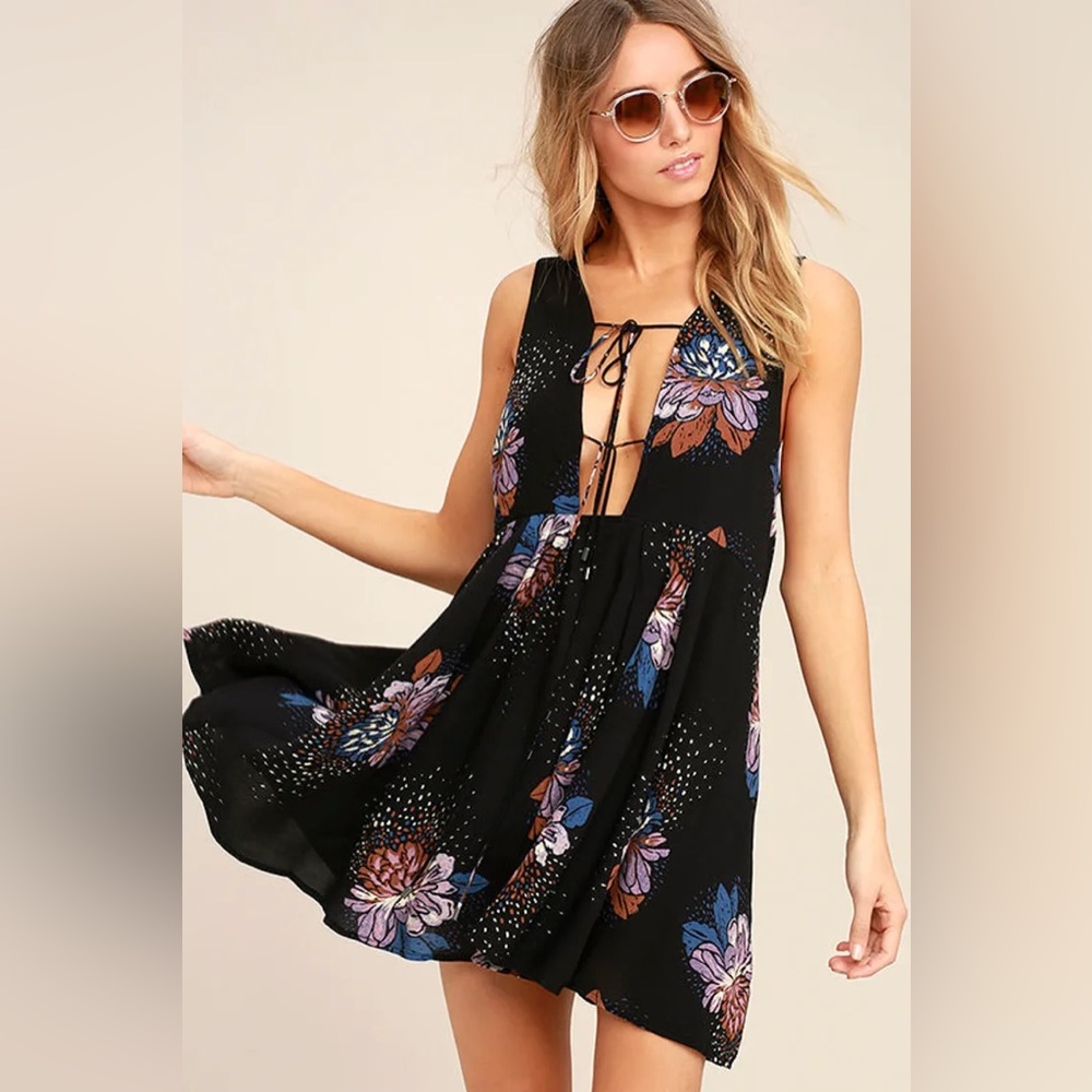 Free People Lovely Day Black Floral Print Dress